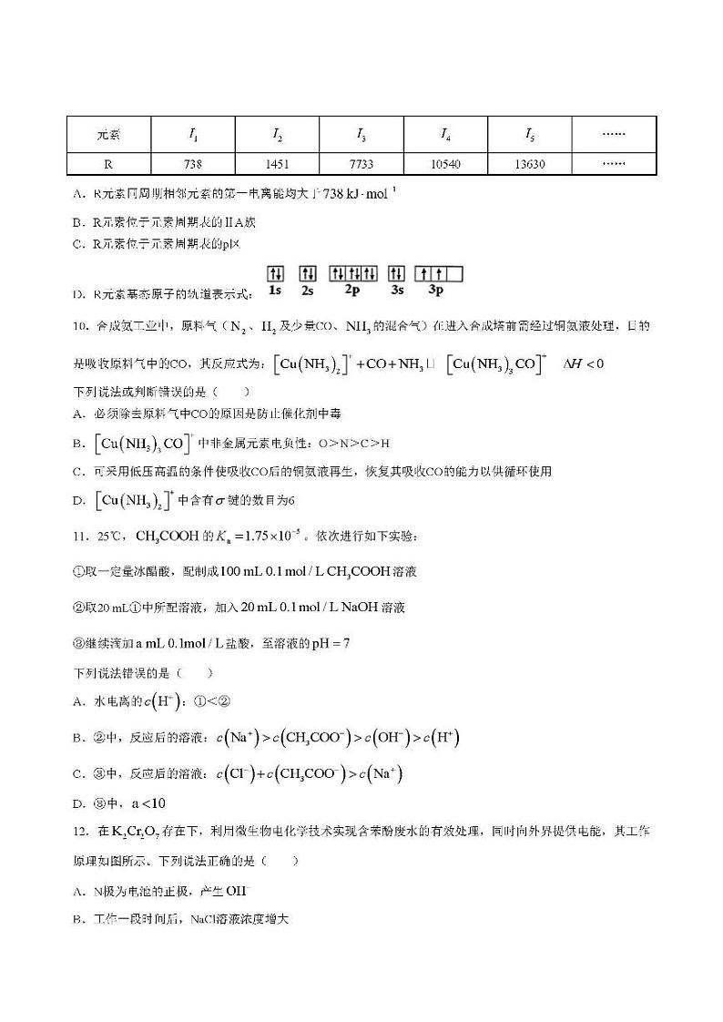 2022年天津市部分区高三年质量调查试卷（一）化学试题含答案03