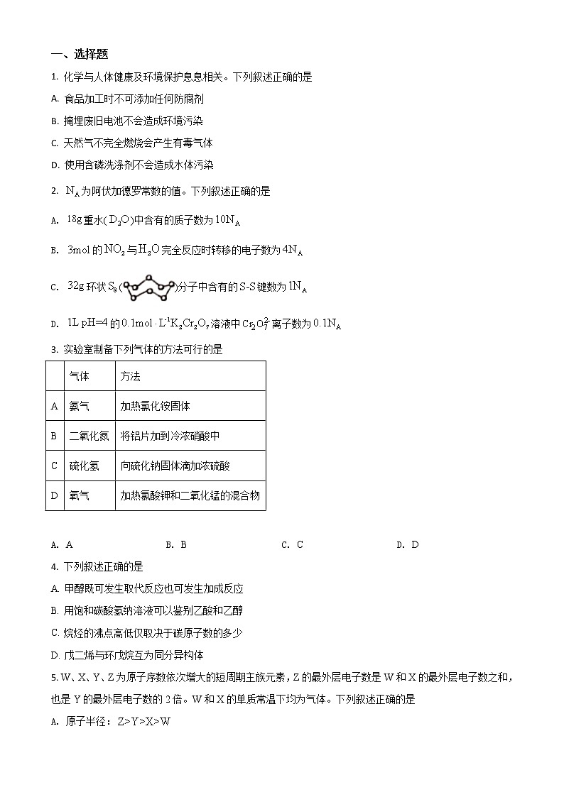 2021年高考全国甲卷化学试题（原卷版）第1页