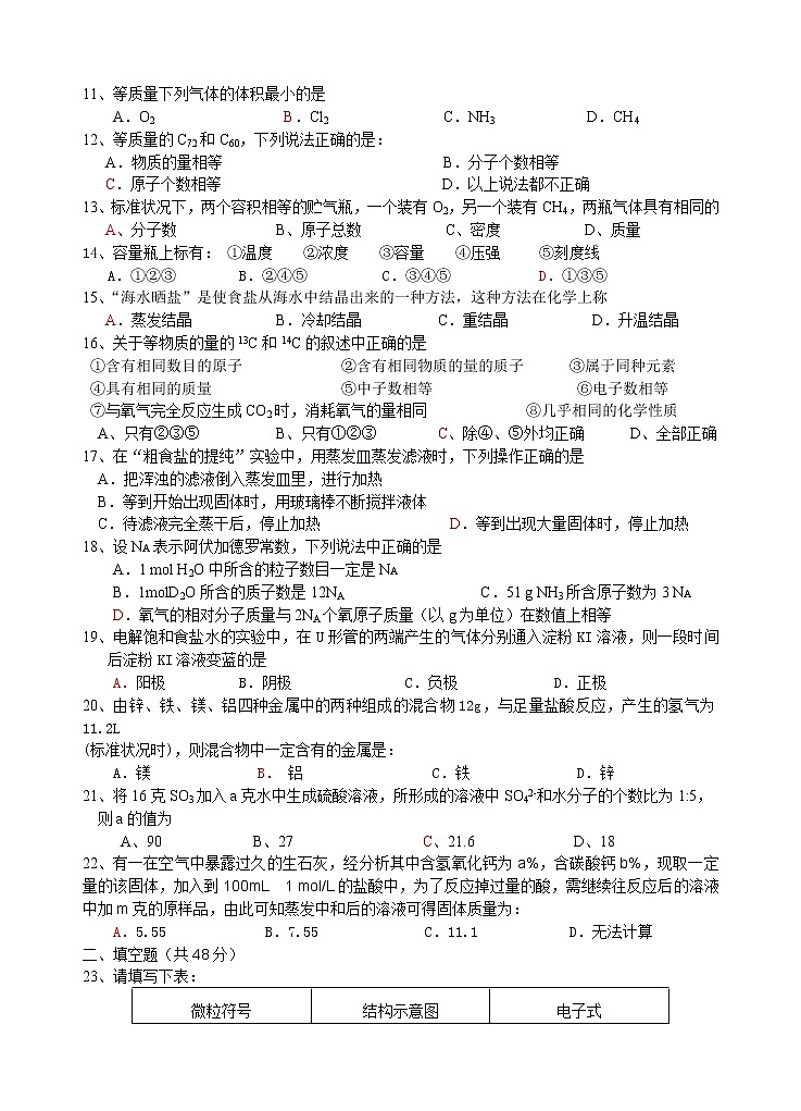 2014年上海市高桥中学高一上期中化学练习题第2页
