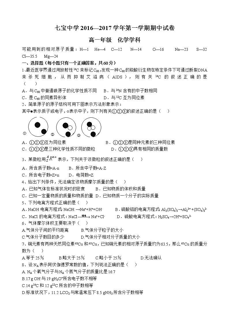 2016-2017学年七宝高一上期中考化学试卷第1页