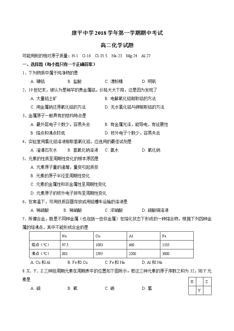 2018-2019学年建平中学高二上期中化学试卷第1页