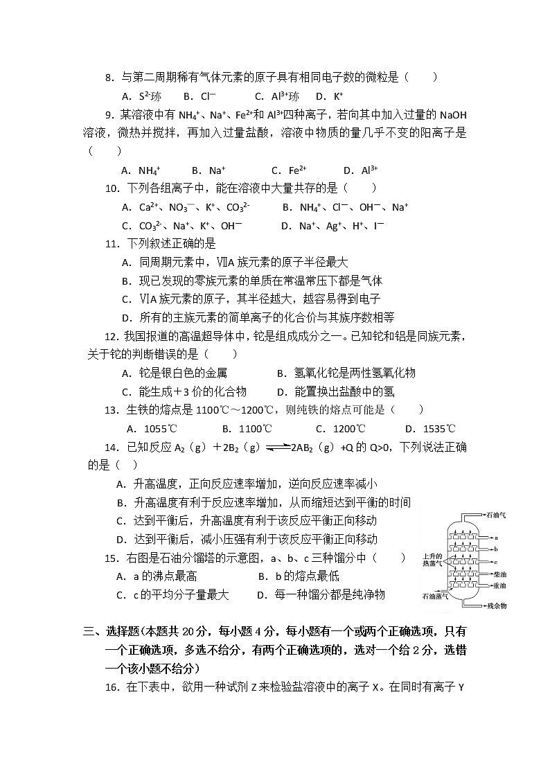 上海市金山中学2010-2011学年高二上学期期末考试化学试题无答案02