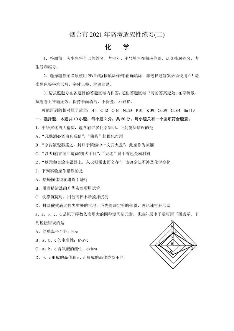 2021届山东省烟台市高三下学期5月高考适应性练习（二）（二模）化学试题 PDF版01