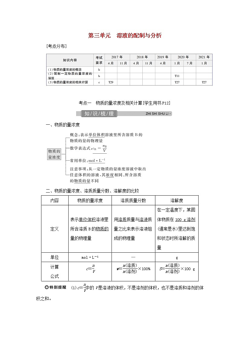 浙江专用高考化学一轮复习专题1化学家眼中的物质世界第三单元溶液的配制与分析学案第1页