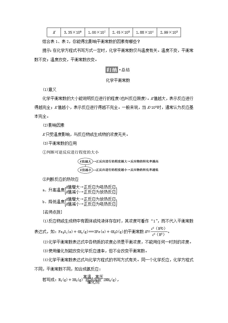 苏教版高中化学选择性必修1专题2化学反应速率与化学平衡第二单元第三课时化学平衡常数及应用学案03