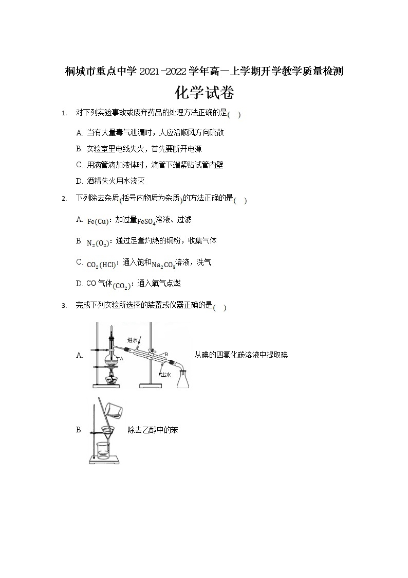 2022安徽省桐城市重点中学高一上学期开学教学质量检测化学试题含答案01