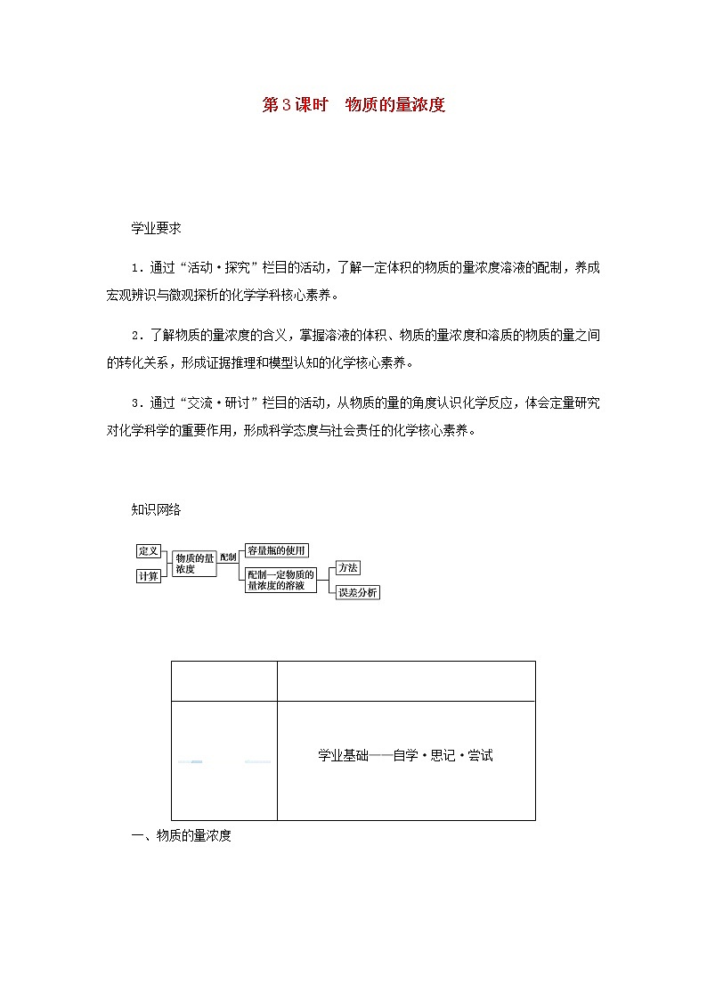 鲁科版高中化学必修第一册第1章认识化学科学3.3物质的量浓度学案01