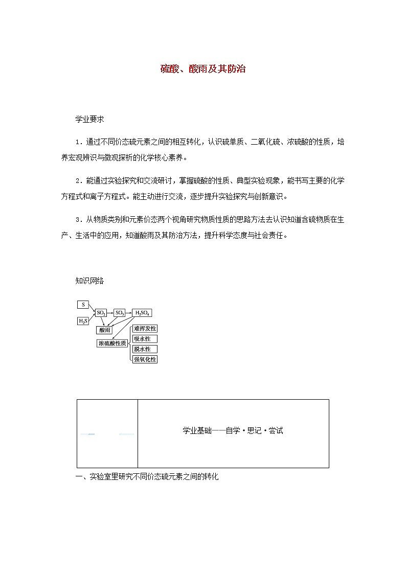 鲁科版高中化学必修第一册第3章物质的性质与转化2.2硫酸酸雨及其防治学案第1页