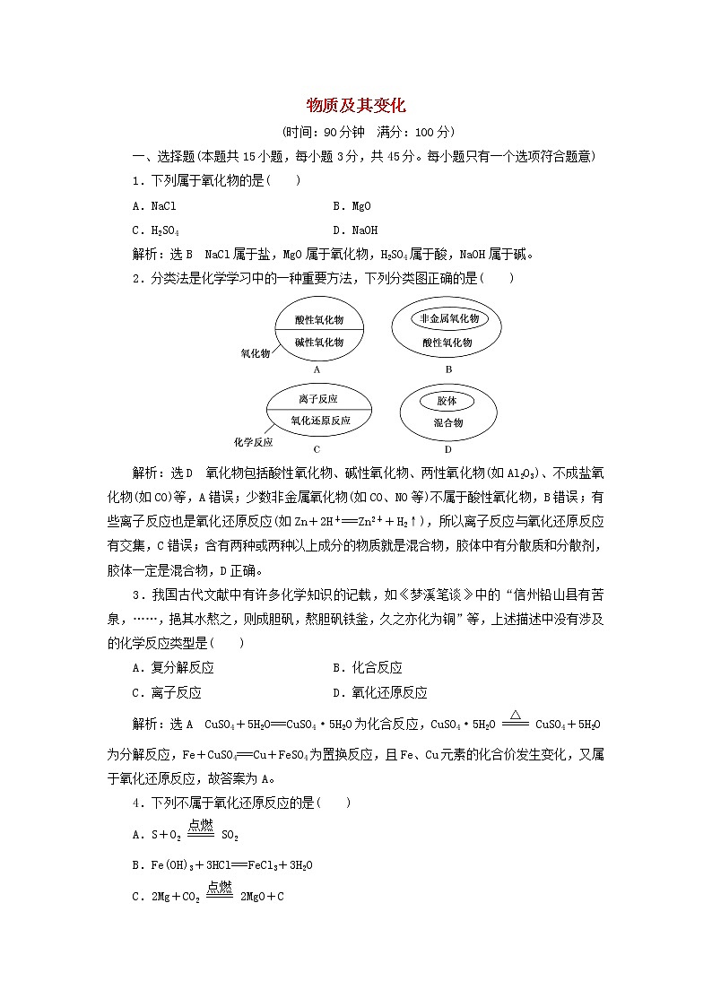 新人教版高中化学必修第一册第一章物质及其变化章末检测含解析第1页