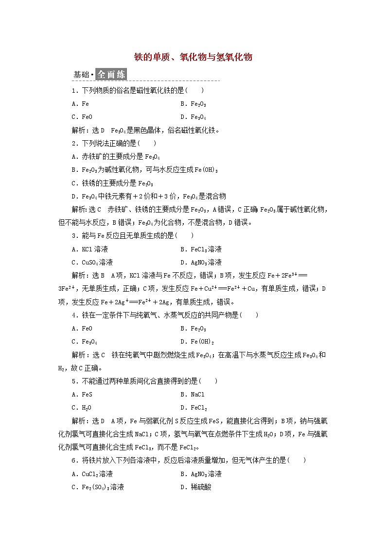 新人教版高中化学必修第一册课时检测14铁的单质氧化物与氢氧化物含解析01