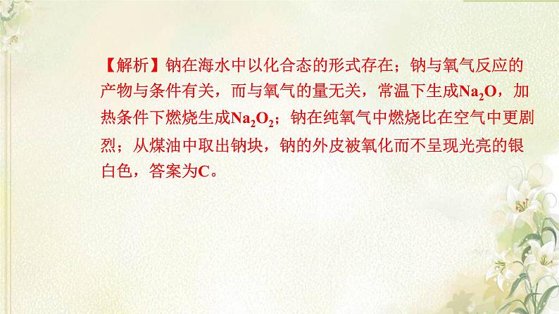 新人教版高中化学必修第一册第二章海水中的重要元素__钠和氯高效作业7第1课时钠及其氧化物课件04