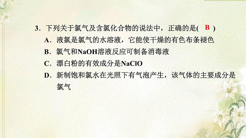 新人教版高中化学必修第一册第二章海水中的重要元素__钠和氯高效作业9第1课时氯气的性质课件第4页