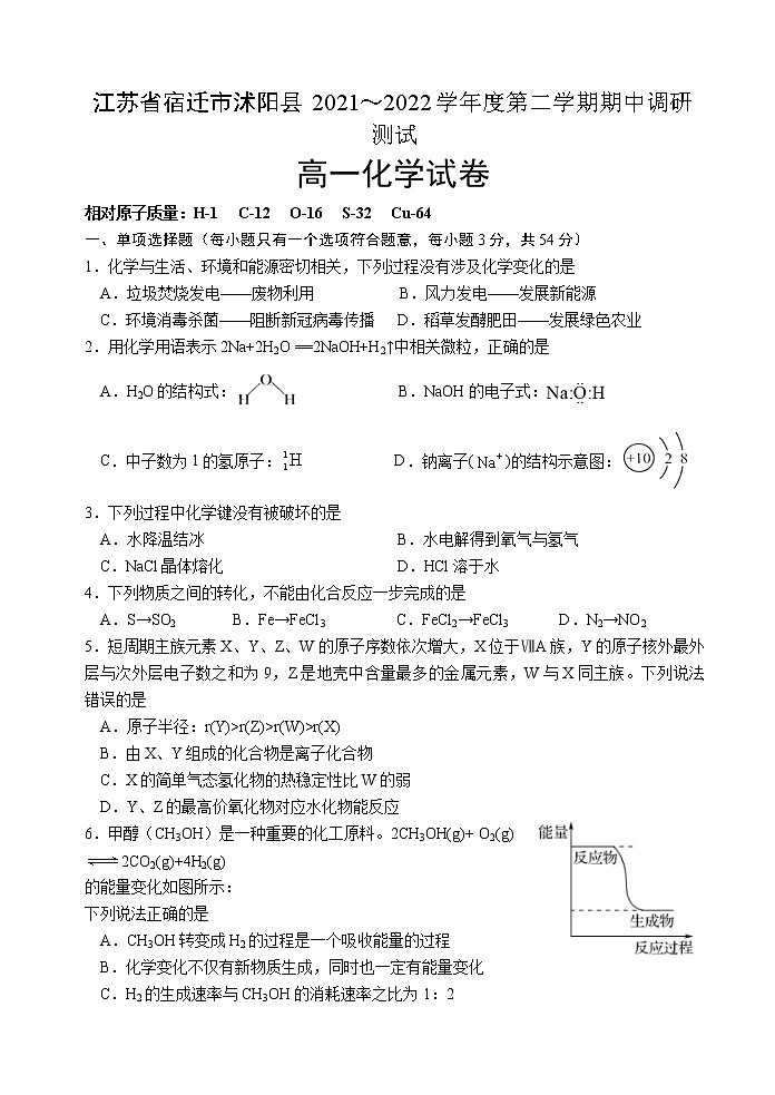 2021-2022学年江苏省宿迁市沭阳县高一下学期期中调研测试化学试题Word版含答案01