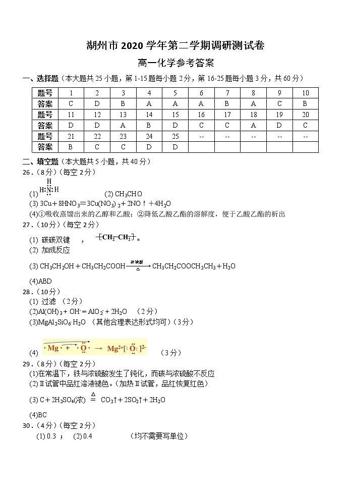 2021湖州高一下学期期末化学试题PDF版含答案01