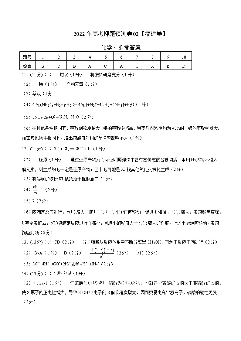 2022年高考押题预测卷02（福建卷）-化学（参考答案）第1页
