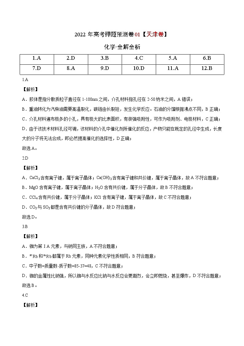 2022年高考押题预测卷01（天津卷）-化学（全解全析）第1页