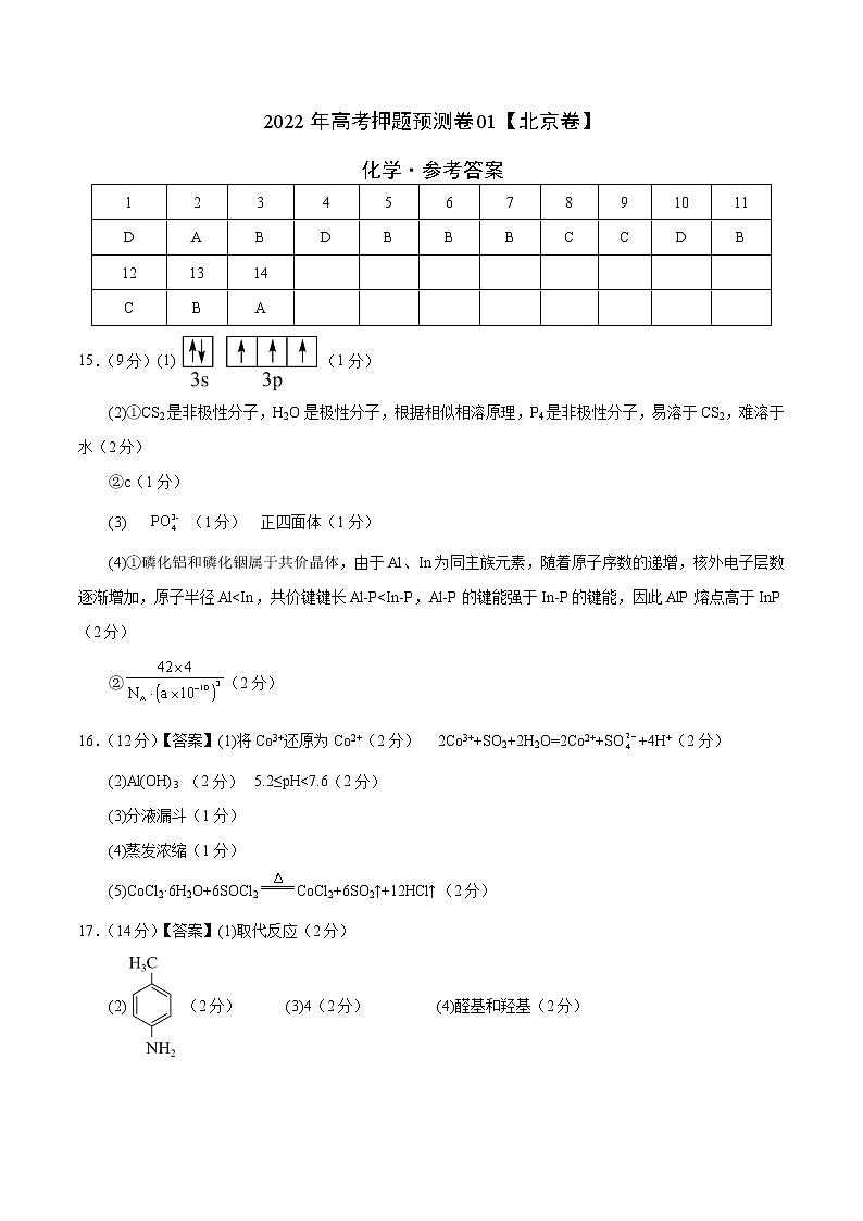 2022年高考押题预测卷01（北京卷）-化学（参考答案）第1页