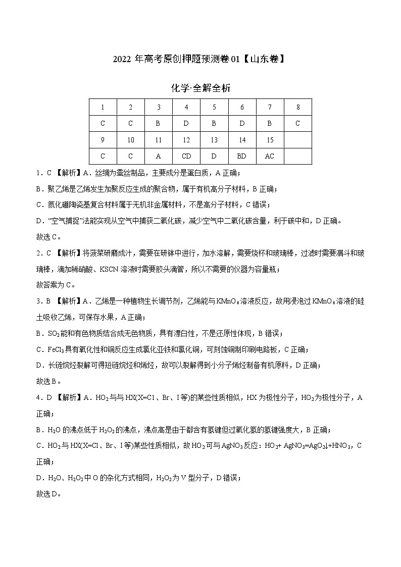 化学-2022年高考押题预测卷01（山东卷）（全解全析）第1页