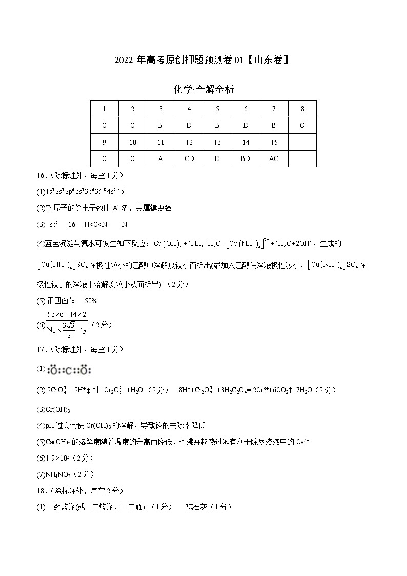 化学-2022年高考押题预测卷01（山东卷）（参考答案）第1页