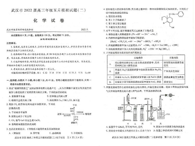 湖北省武汉市2022届高三年级五月模拟试题（二）化学试题（PDF版+含答案）第1页