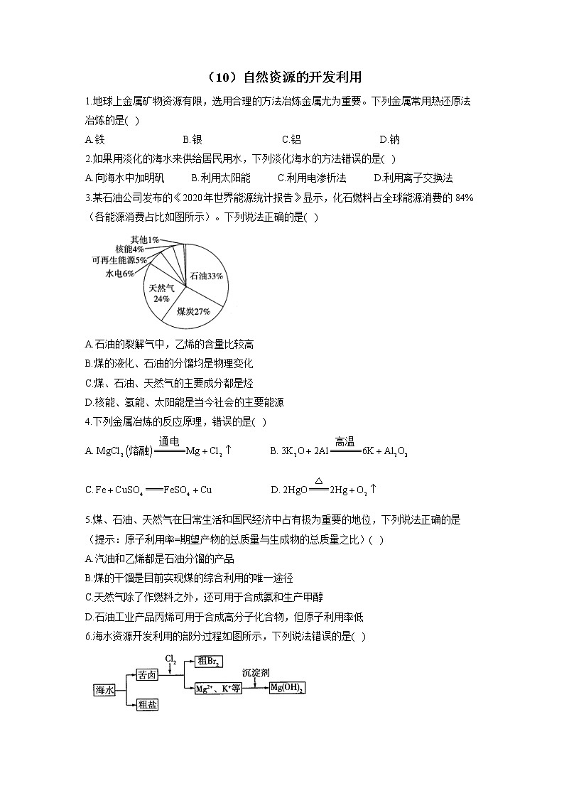 （10）自然资源的开发利用——2021-2022学年人教版（2019）高一化学必修二期末回顾提升 试卷01