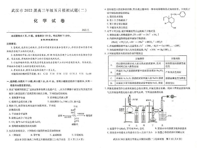 湖北省武汉市2022届高三下学期五月模拟试题（二）化学试题（PDF版含答案） 试卷01