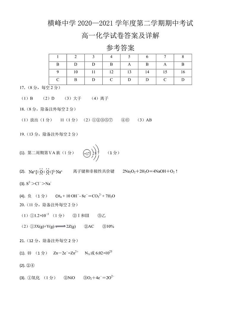 江西省上饶市横峰中学2020-2021学年高一下学期期中考试化学答案第1页