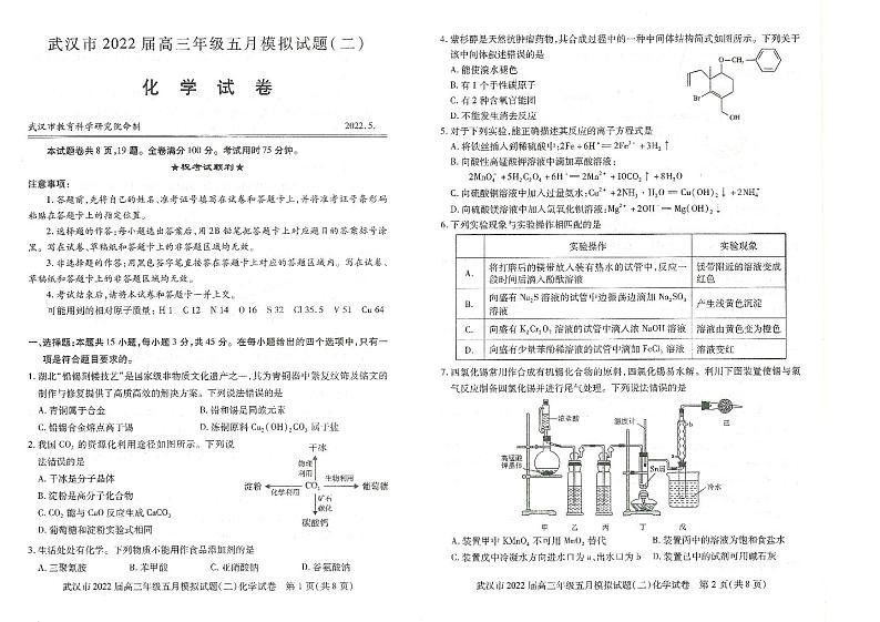 2022年武汉市高三五月模拟试题（二）化学试卷含答案01