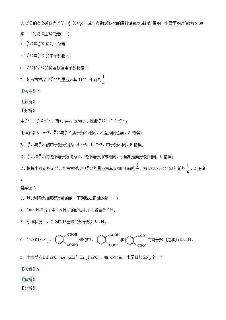 精品解析：湖北省2021年普通高中学业水平选择考适应性测试化学试题02