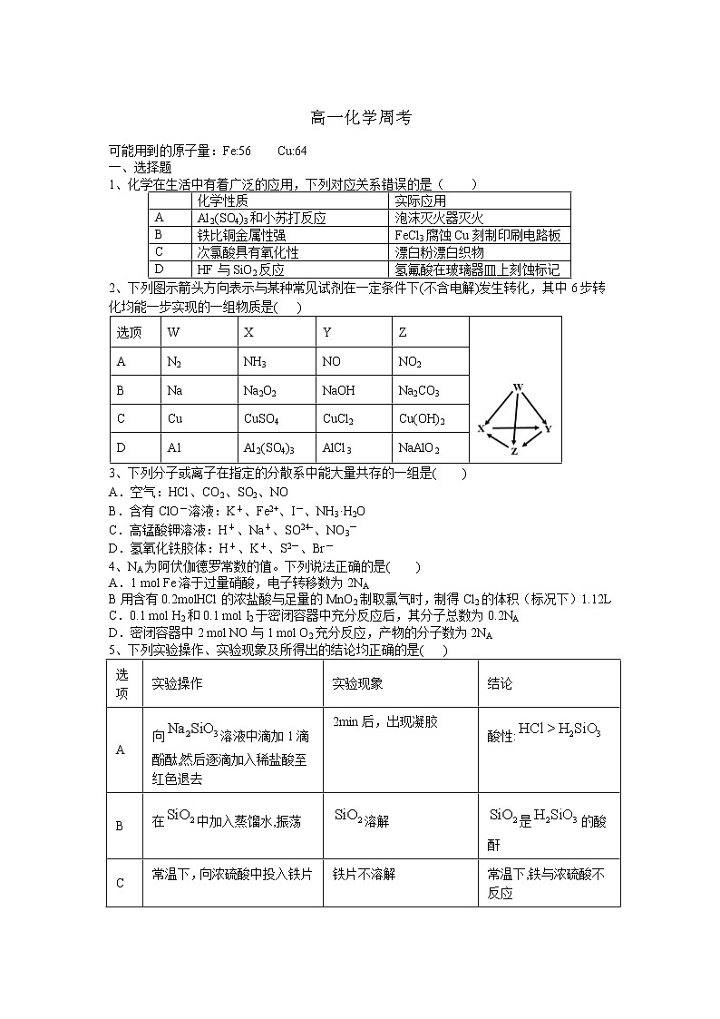 2021抚顺一中高一下学期4月第一次周测化学试卷含答案第1页