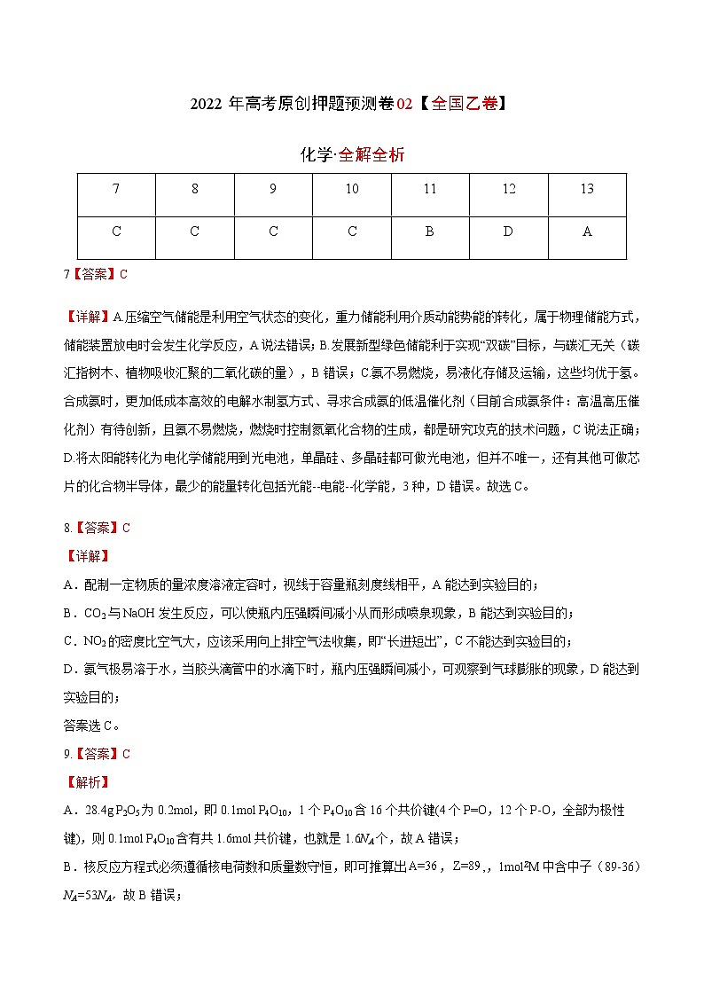 2022年高考押题预测卷02（全国乙卷）-化学（全解全析）01