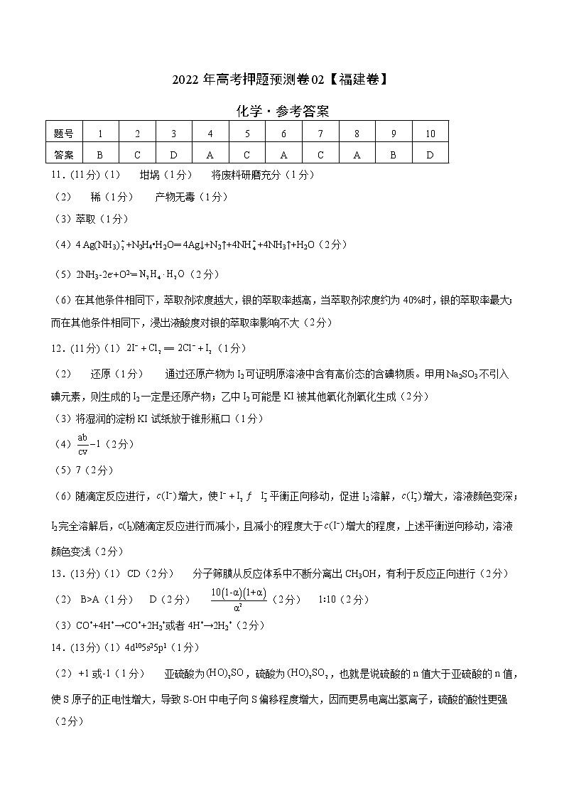 2022年高考押题预测卷02（福建卷）-化学（参考答案）第1页