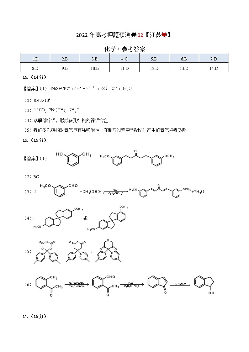 2022年高考押题预测卷02（江苏卷）-化学（参考答案）第1页