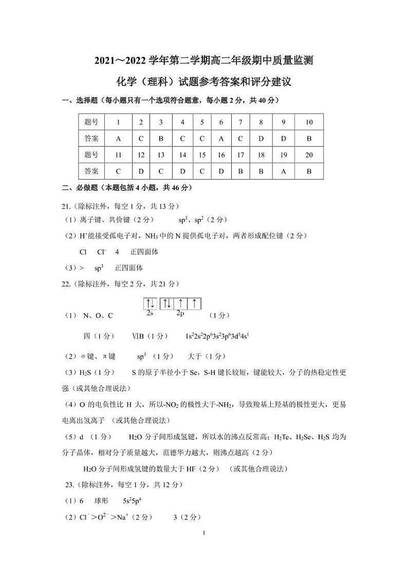 2021-2022学年山西省太原市高二下学期期中质量监测化学答案（PDF版）第1页