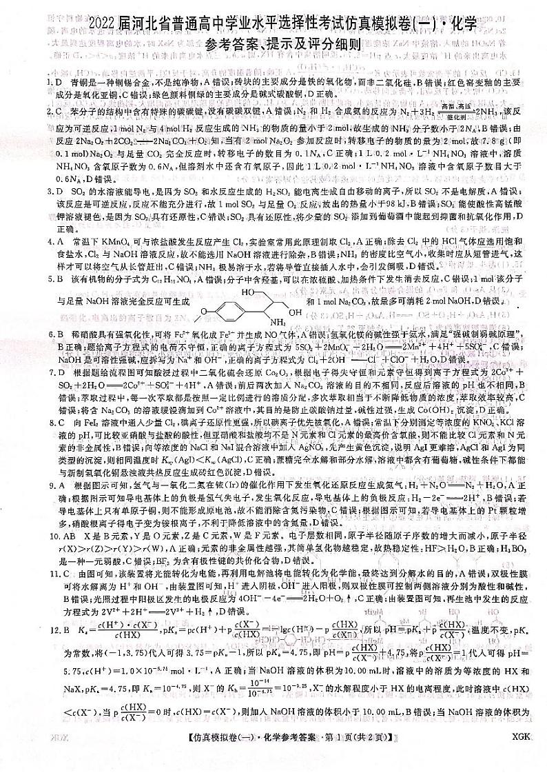 2022届河北省普通高中学业水平选择性考试仿真模拟卷（一）化学试题 PDF版01