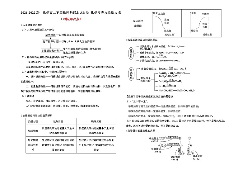2021-2022高中化学高二下零轮回归课本AB卷：化学反应与能量A卷（知识点总结 练习）第1页