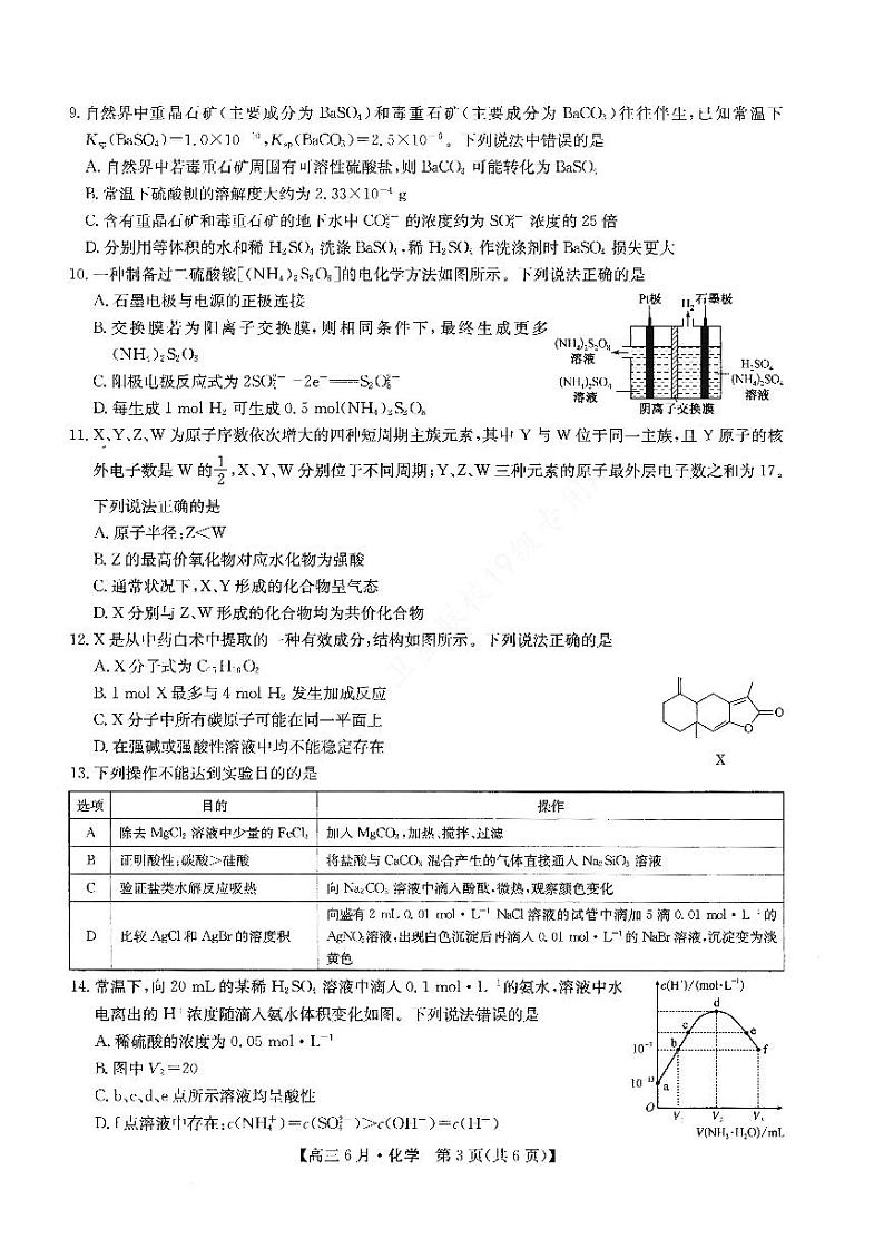2022合肥六中高三上学期6月月考化学试题PDF版含答案第3页