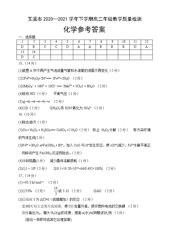 玉溪市2020-2021学年下学期高二年期末统一检测  化学  参考答案第1页
