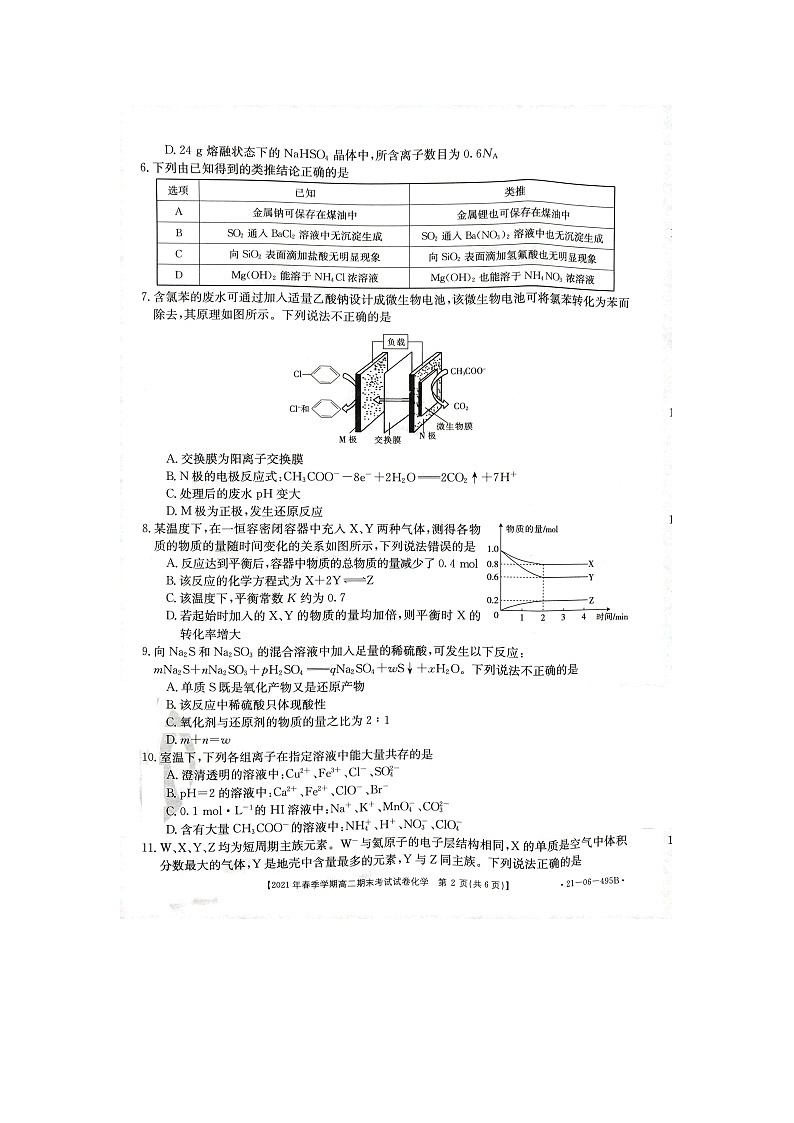 2021黔西南州高二下学期期末检测理科化学试卷扫描版含答案02