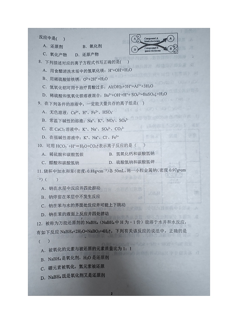 2022庄河高级中学高一上学期10月月考化学试题扫描版含答案02