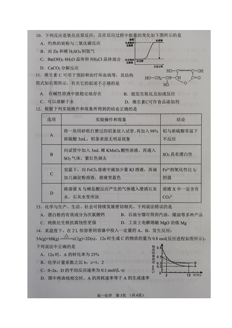 2021宿迁高一下学期期末考试化学试卷图片版含答案03