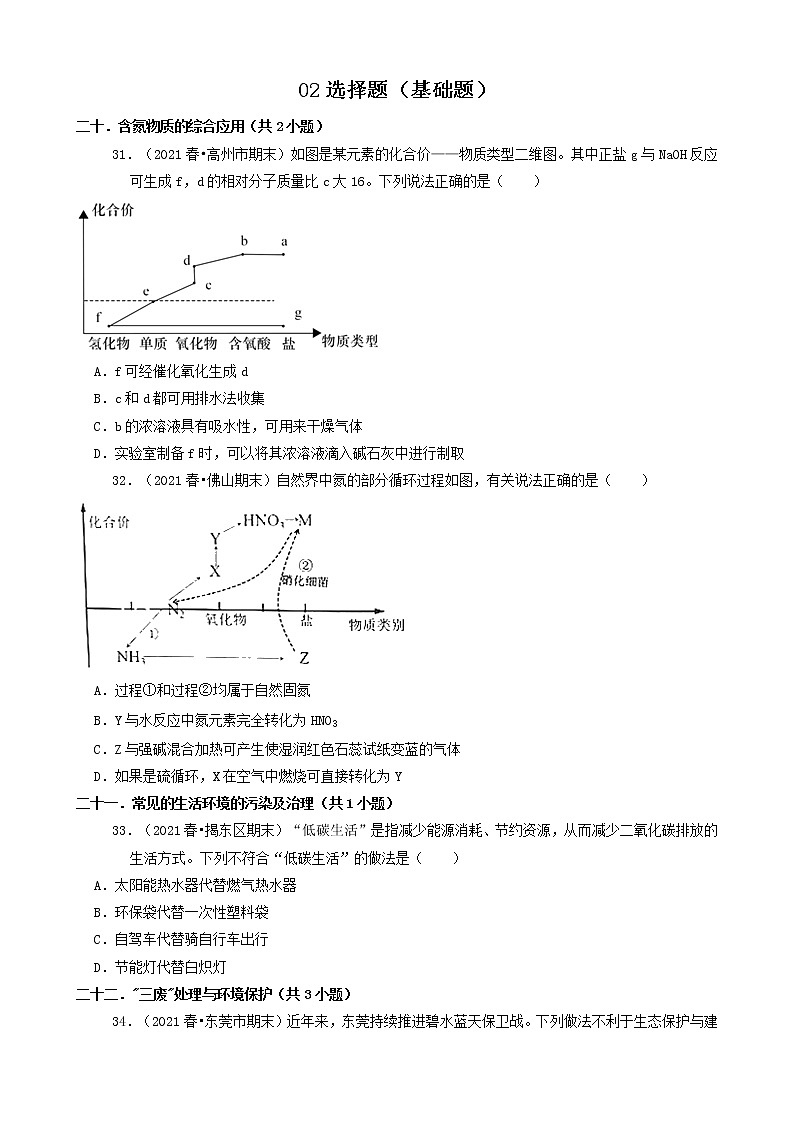 02选择题（基础题）2021年春广东省各市高一（下）期末化学知识点分类汇编第1页