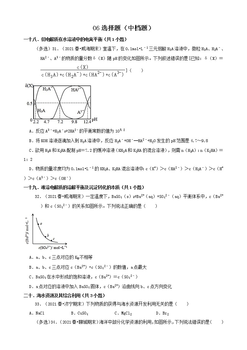 06选择题（中档题）2021年春山东省各市高一（下）期末化学知识点分类汇编第1页
