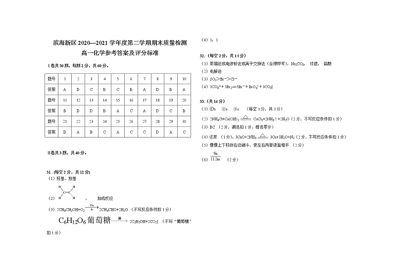 2021天津滨海新区高一下学期期末考试化学试题含答案01
