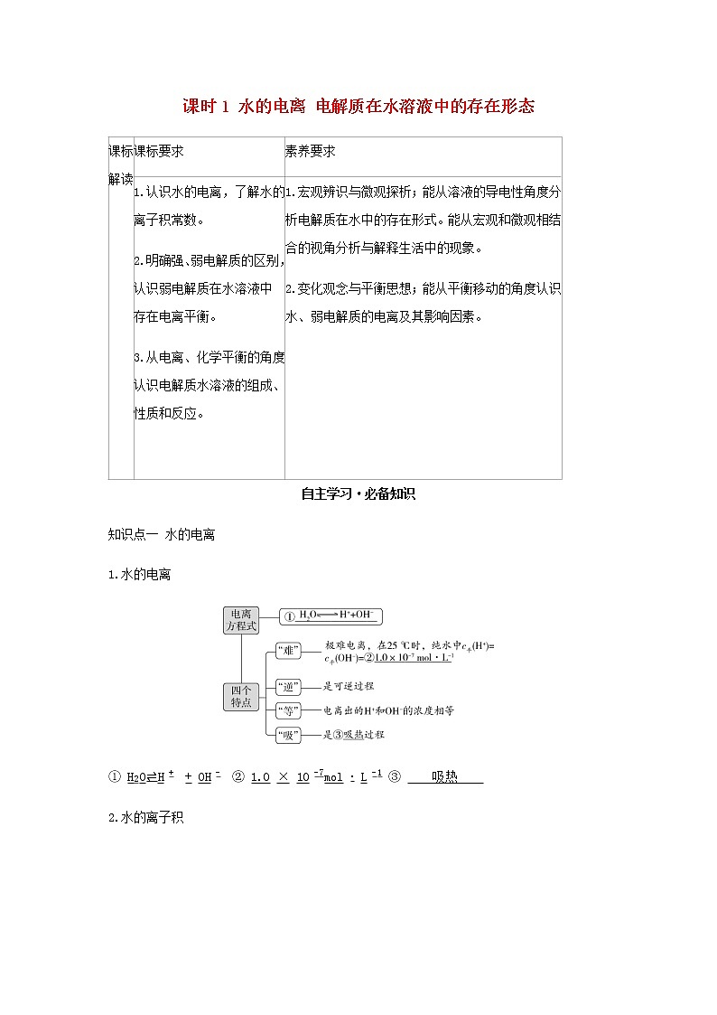 鲁科版高中化学选择性必修第一册第3章物质在水溶液中的行为第1节水与水溶液课时1水的电离电解质在水溶液中的存在形态学案01