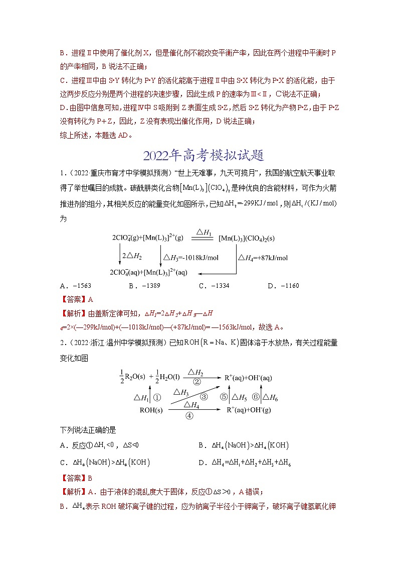 2022年高三高考化学真题和模拟题分类汇编  专题07化学反应中的能量变化及反应机理02