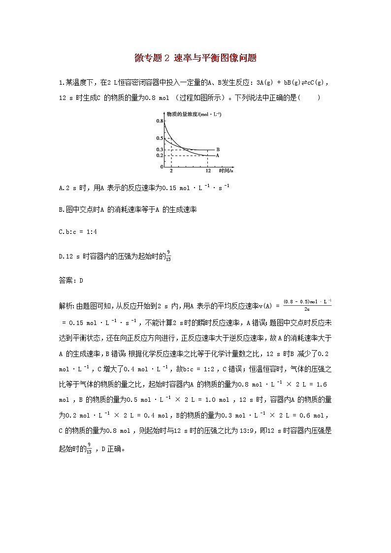鲁科版高中化学选择性必修第一册第2章化学反应的方向限度与速率微专题2速率与平衡图像问题作业含解析第1页