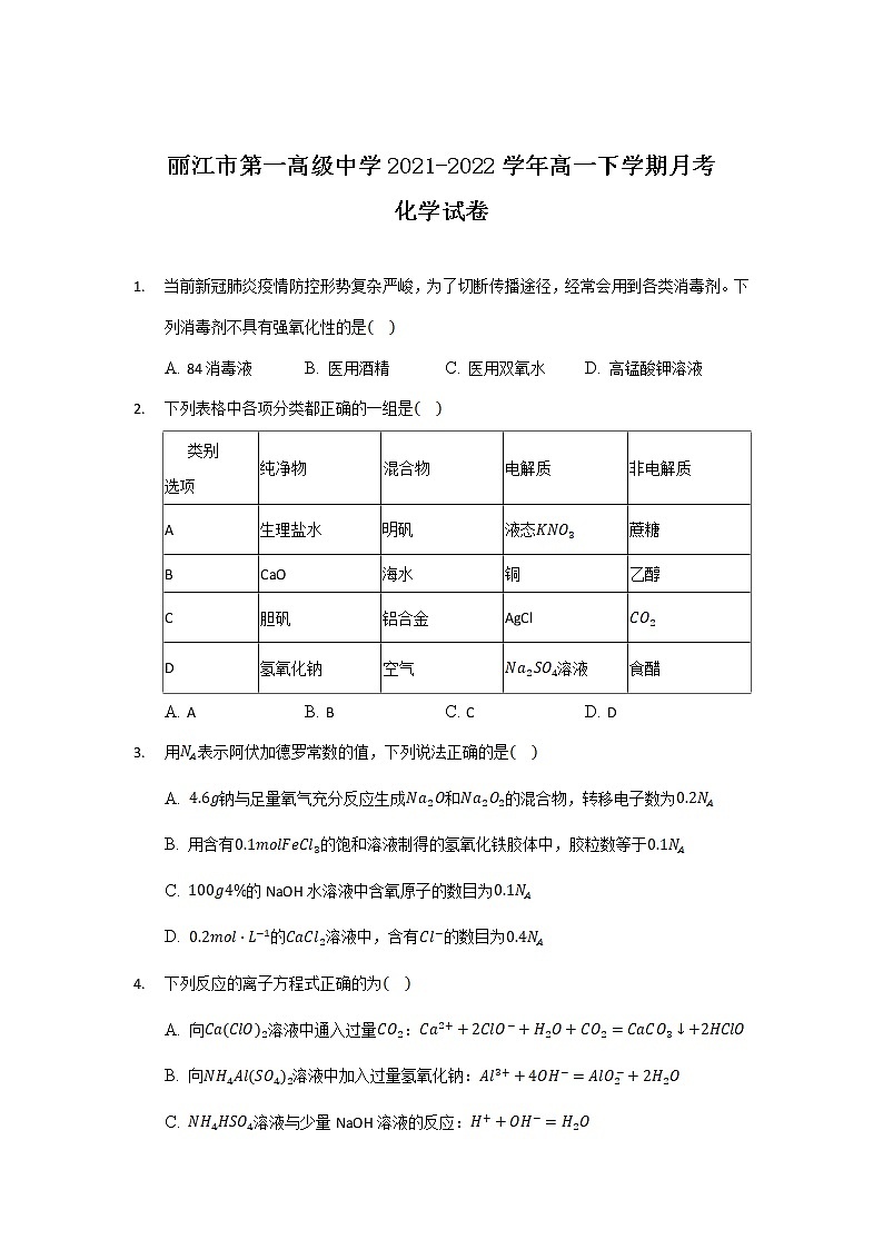 2021-2022学年云南省丽江市第一高级中学高一下学期月考（六）化学试卷含答案第1页