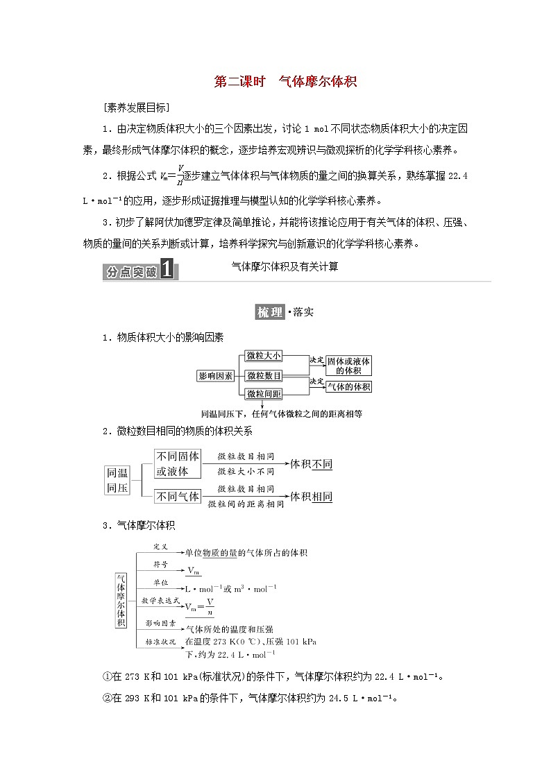 苏教版高中化学必修第一册专题1物质的分类及计量第二单元第二课时气体摩尔体积学案01