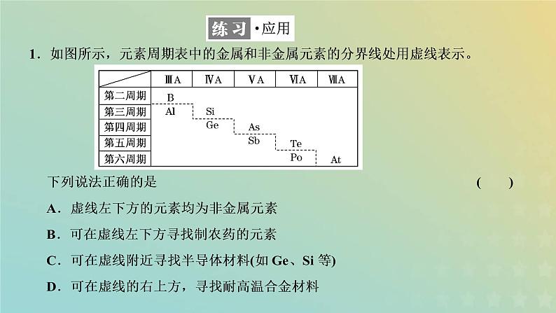 苏教版高中化学必修第一册专题5微观结构与物质的多样性第一单元第四课时元素周期表的应用课件07